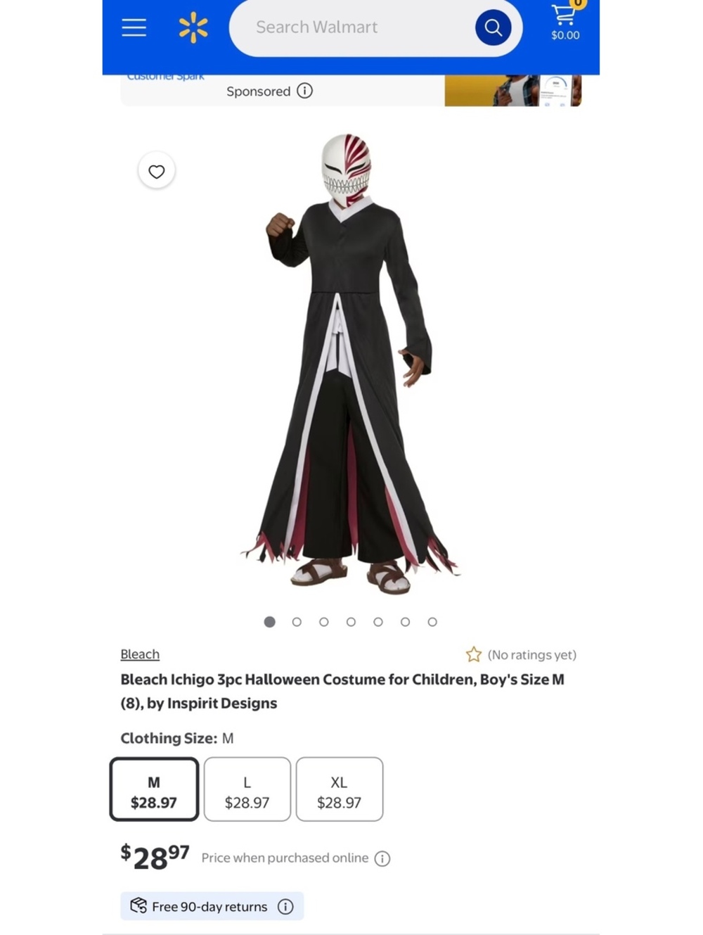 Ichigo Youth Costume Large 10-12 - Robe, Belt, Mask - Bleach Character